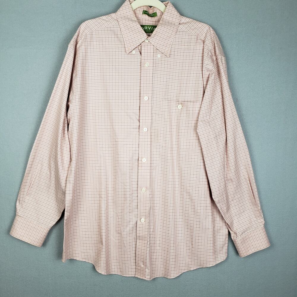 Orvis Men's L Long Sleeve Button Up Shirt Light Pink Grid‎ Office Casual Event